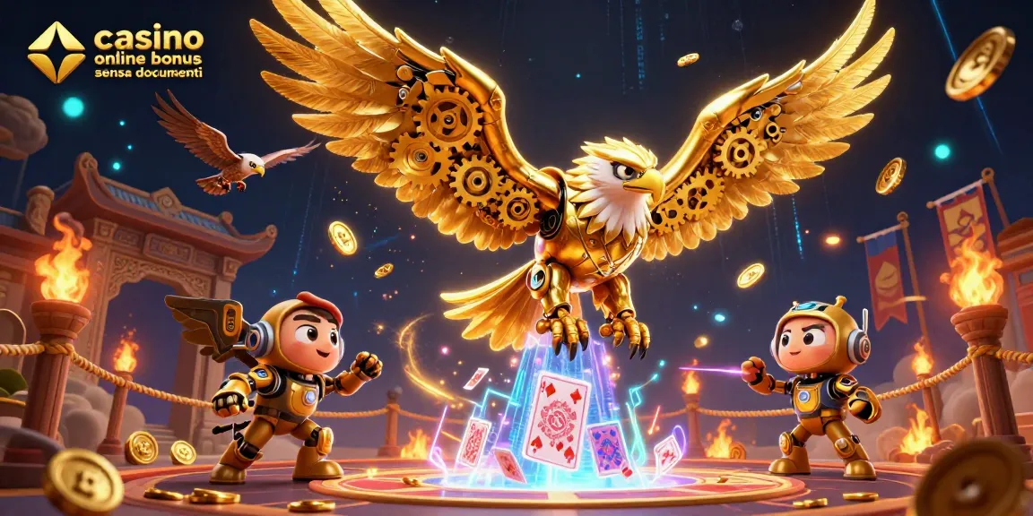 Vince con il casino online bonus senza documenti: un'aquila dorata e carte da gioco in un'illustrazione vivace.
