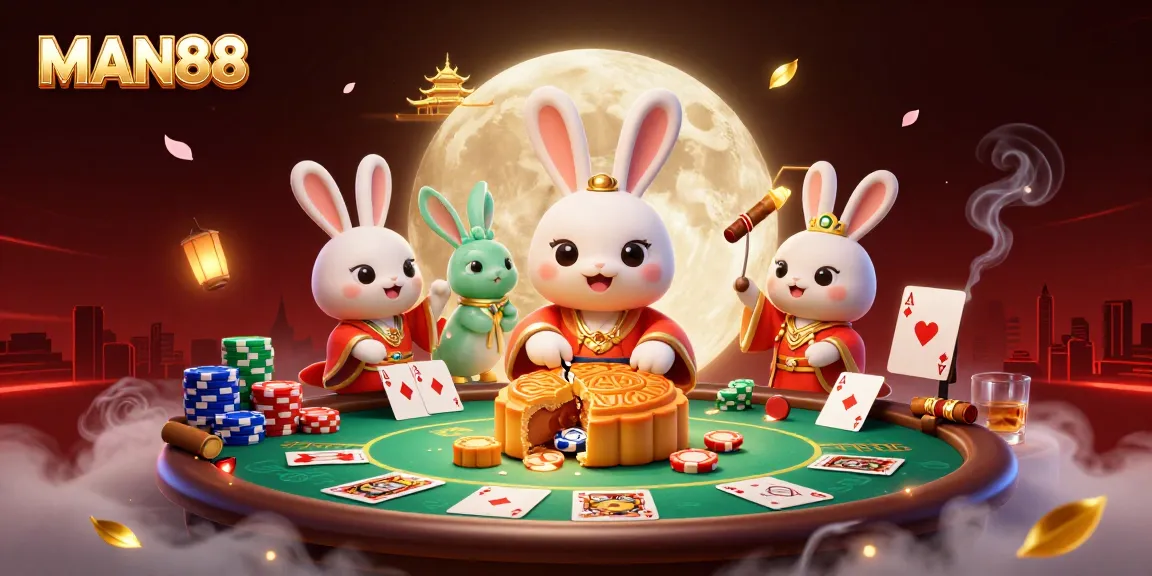 MAN88 showcases a captivating scene with charming moon rabbits celebrating with poker chips.
