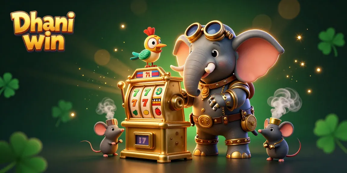 Dhani win gaming platform featuring a vibrant steampunk elephant at a golden slot machine, captivating action.