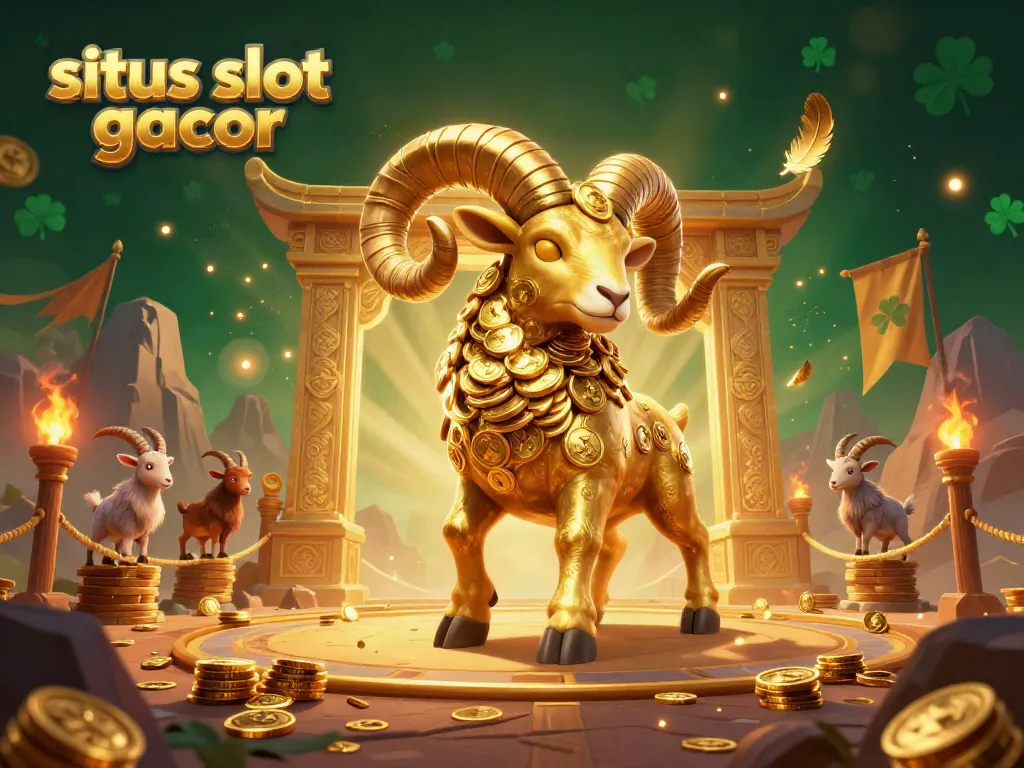 Experience thrill with situs slot gacor in a vibrant gaming scene featuring a golden ram amidst swirling coins and feathers.