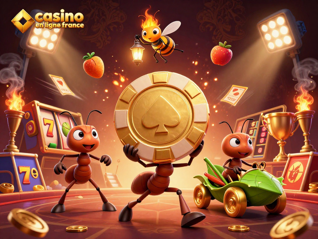 Jouez sur casino en ligne France avec une équipe de fourmis transportant un jeton de poker doré.