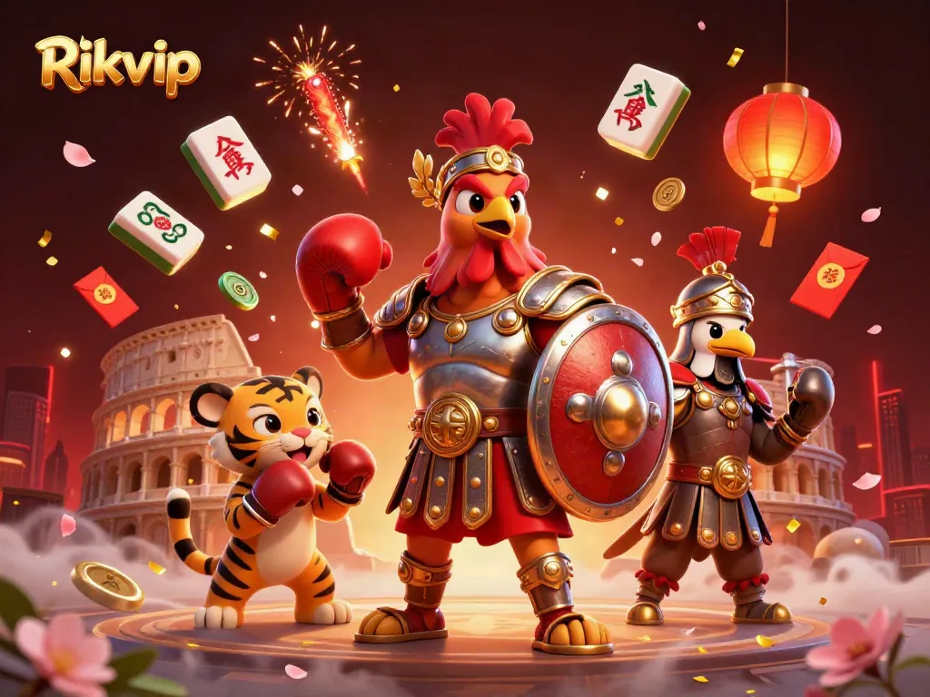 Experience the excitement of Rikvip with an energetic 3D illustration featuring gambling elements.