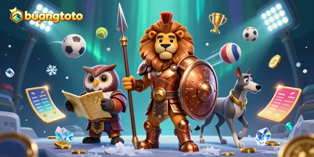Engage with the immersive world of bujangtoto, featuring a Spartan lion and dynamic sports elements.