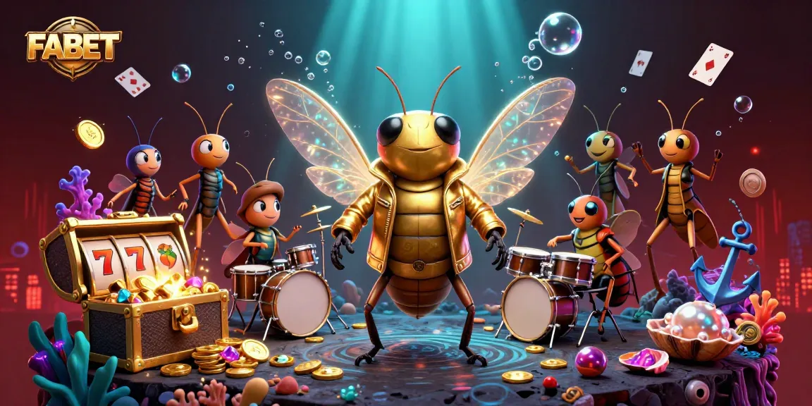 Engage with FABET's dynamic gaming world featuring a rock star cicada and vibrant casino elements.