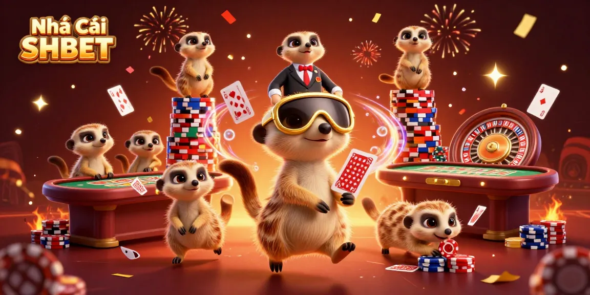 Engage with Nhà cái SHBET's thrilling casino atmosphere featuring animated meerkats managing games.