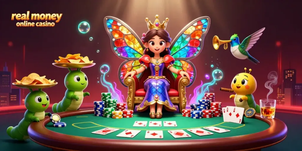 Experience the vibrant energy of a real money online casino with a butterfly queen and poker elements.