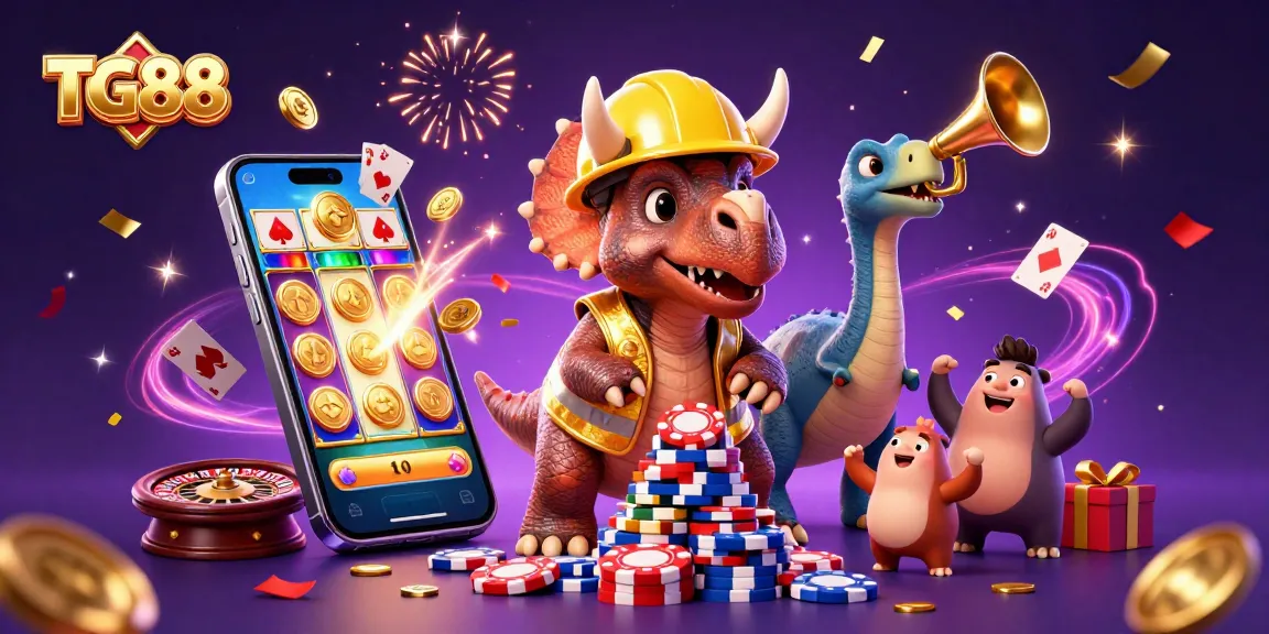 Join TG88 for exciting gaming moments with an animated triceratops and a celebration of wins!