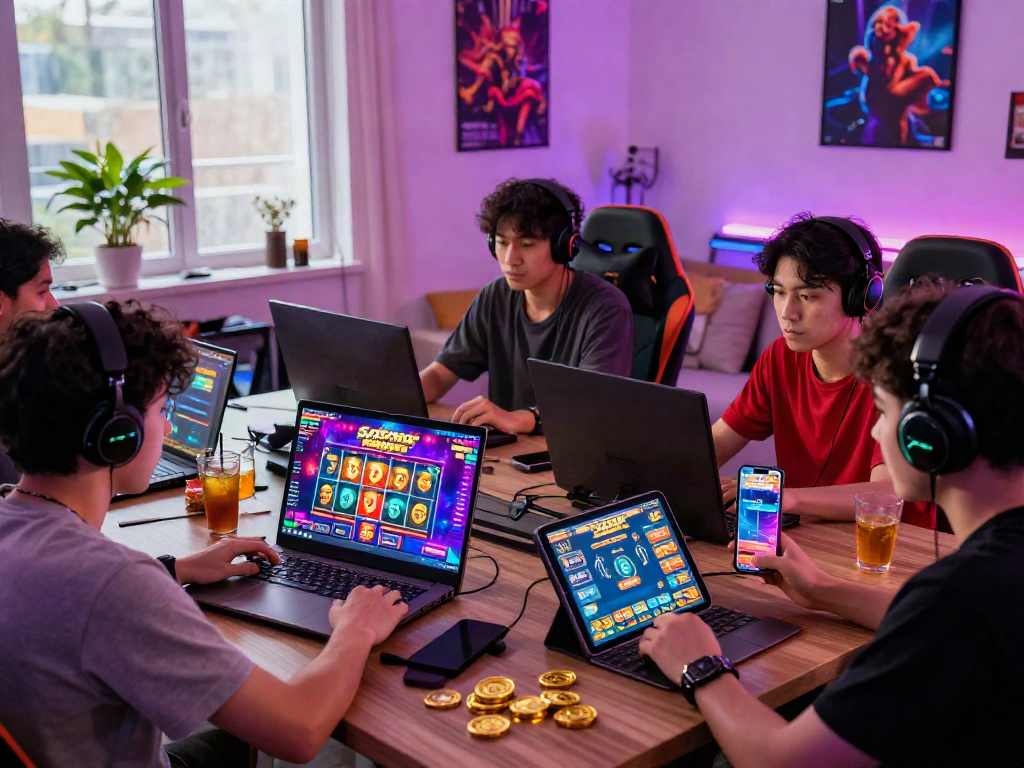 Exciting gaming atmosphere with Slot Gacor MAHJONGJP88 players enjoying on laptops and phones in a vibrant home setup.