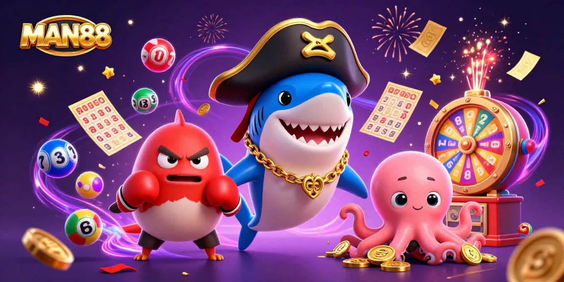 Win big with MAN88 as colorful lottery elements surround a playful casino scene.