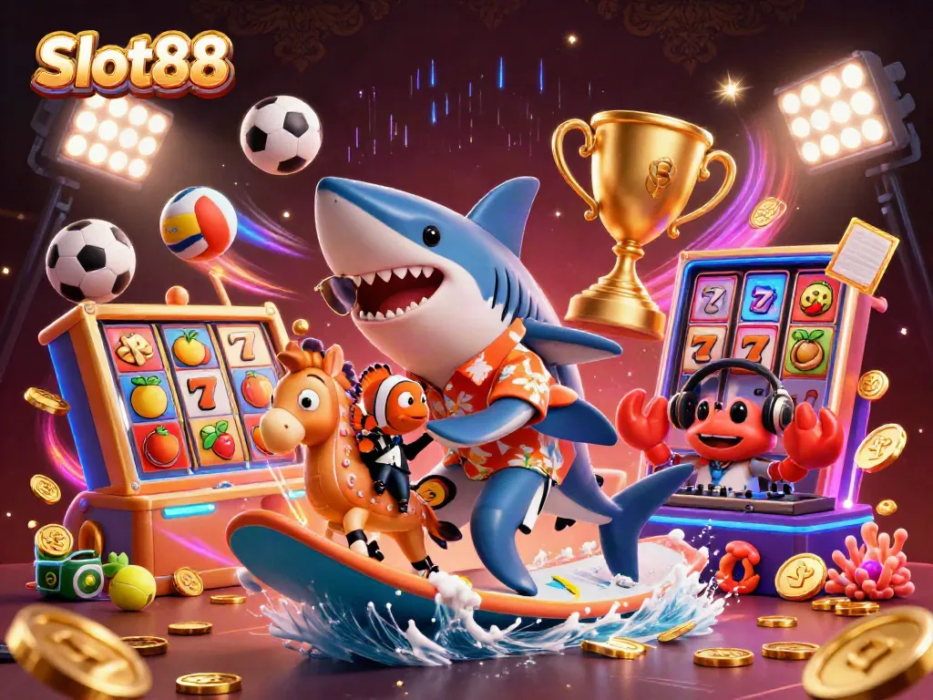 Experience the excitement of Slot88 with a vibrant shark and clownfish surfing on gold coins.