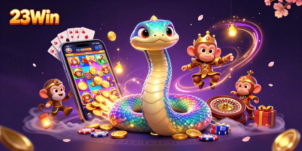 Engage with 23Win's vibrant 3D illustration showcasing dynamic gaming elements and enchanting characters.