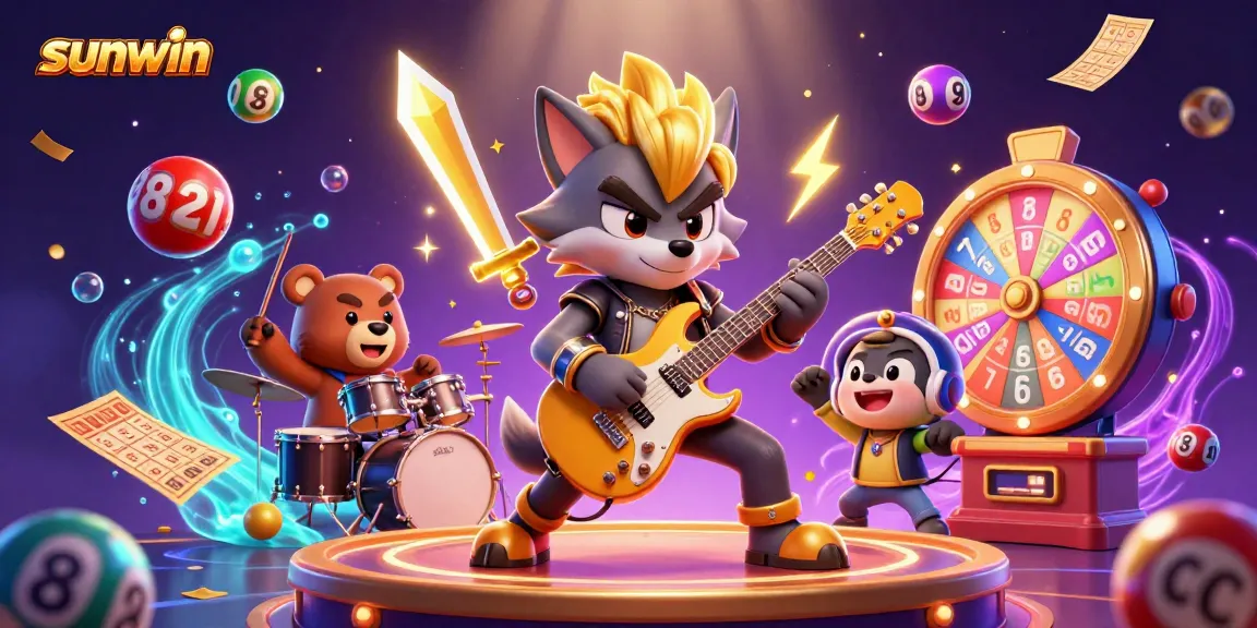 Experience thrilling fun at sunwin with a vibrant casino scene featuring rock star characters, colorful lottery elements, and dynamic energy.