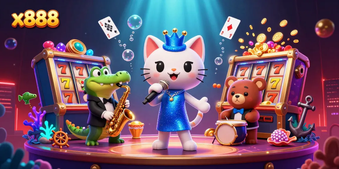 x888's lively casino scene featuring a jazz-singer cat, saxophone crocodile, and a drum-playing bear, vibrant gambling elements.