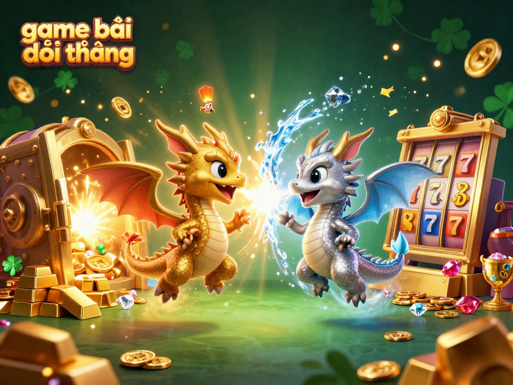 Experience the thrill of game bài đổi thưởng with dynamic dragons, gold treasures, and slot reels.