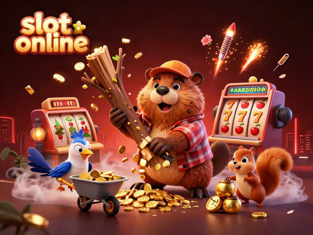 Experience thrilling slot online action with a lively 3D cartoon scene featuring a beaver, bird, and squirrel among vibrant symbols.