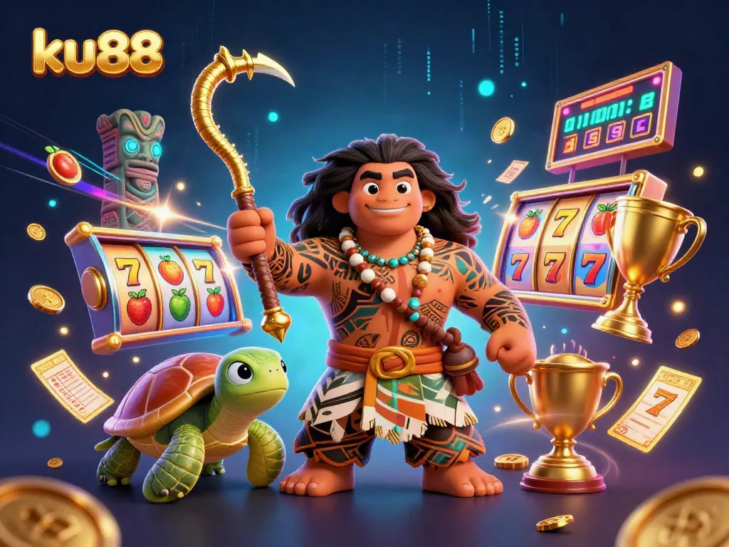 Experience the excitement of ku88 with vibrant 3D characters and jackpot-winning elements in this casino-themed illustration.