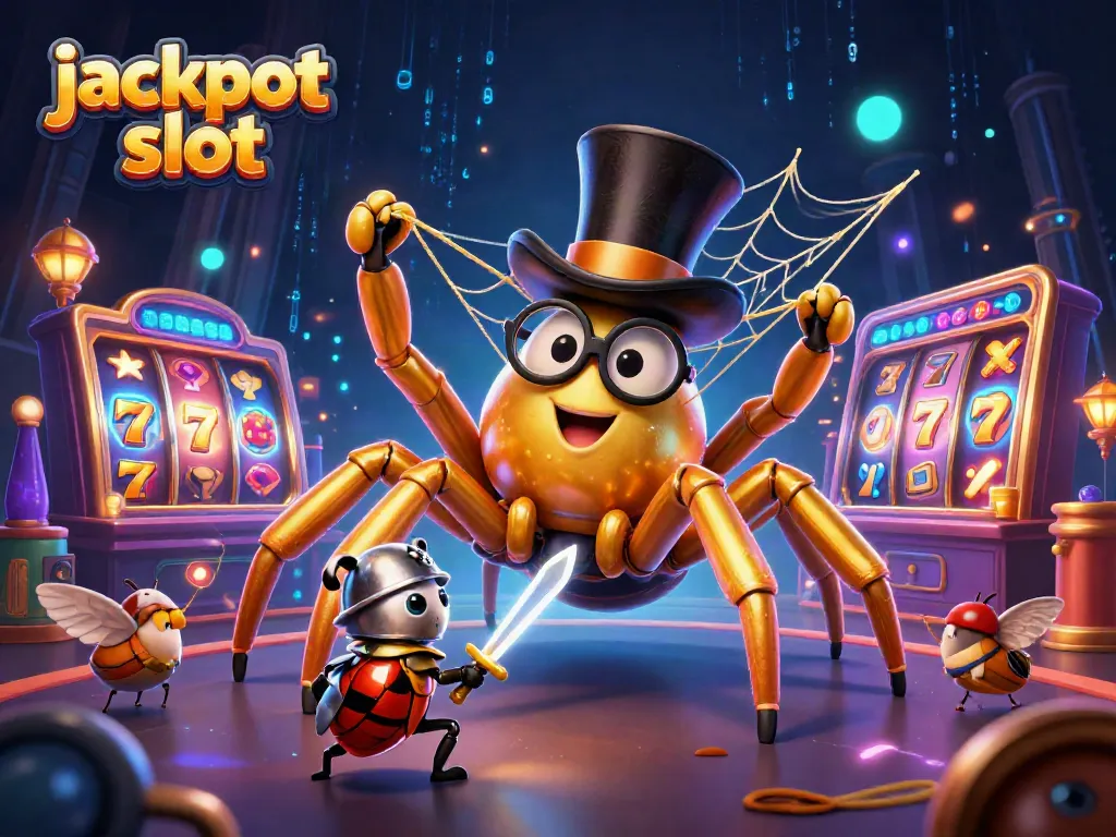 Engage with the jackpot slot experience featuring a golden tarantula and brave beetle in a vibrant casino scene.