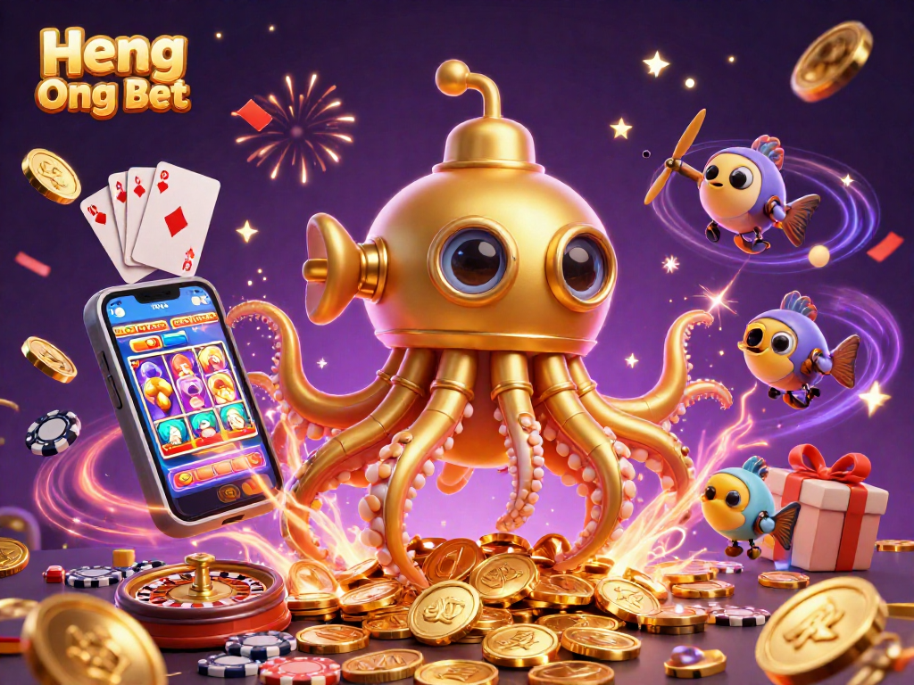 Engage with Heng Ong Bet through an exciting 3D casino scene featuring a golden kraken and vibrant gambling elements.