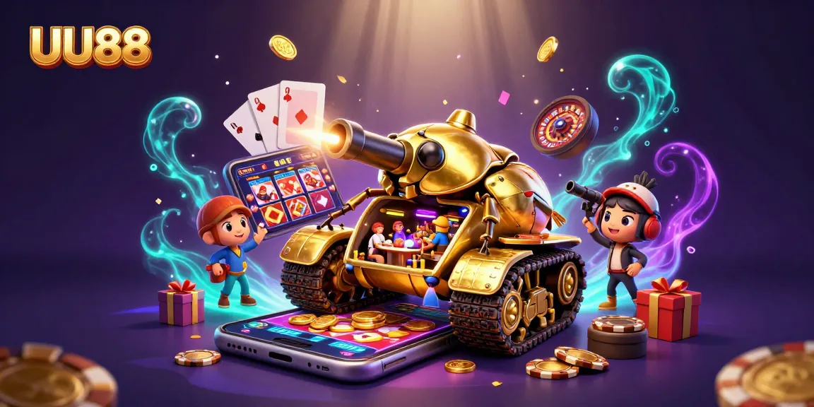 Experience the thrilling world of UU88 with a golden beetle tank and vibrant casino elements.
