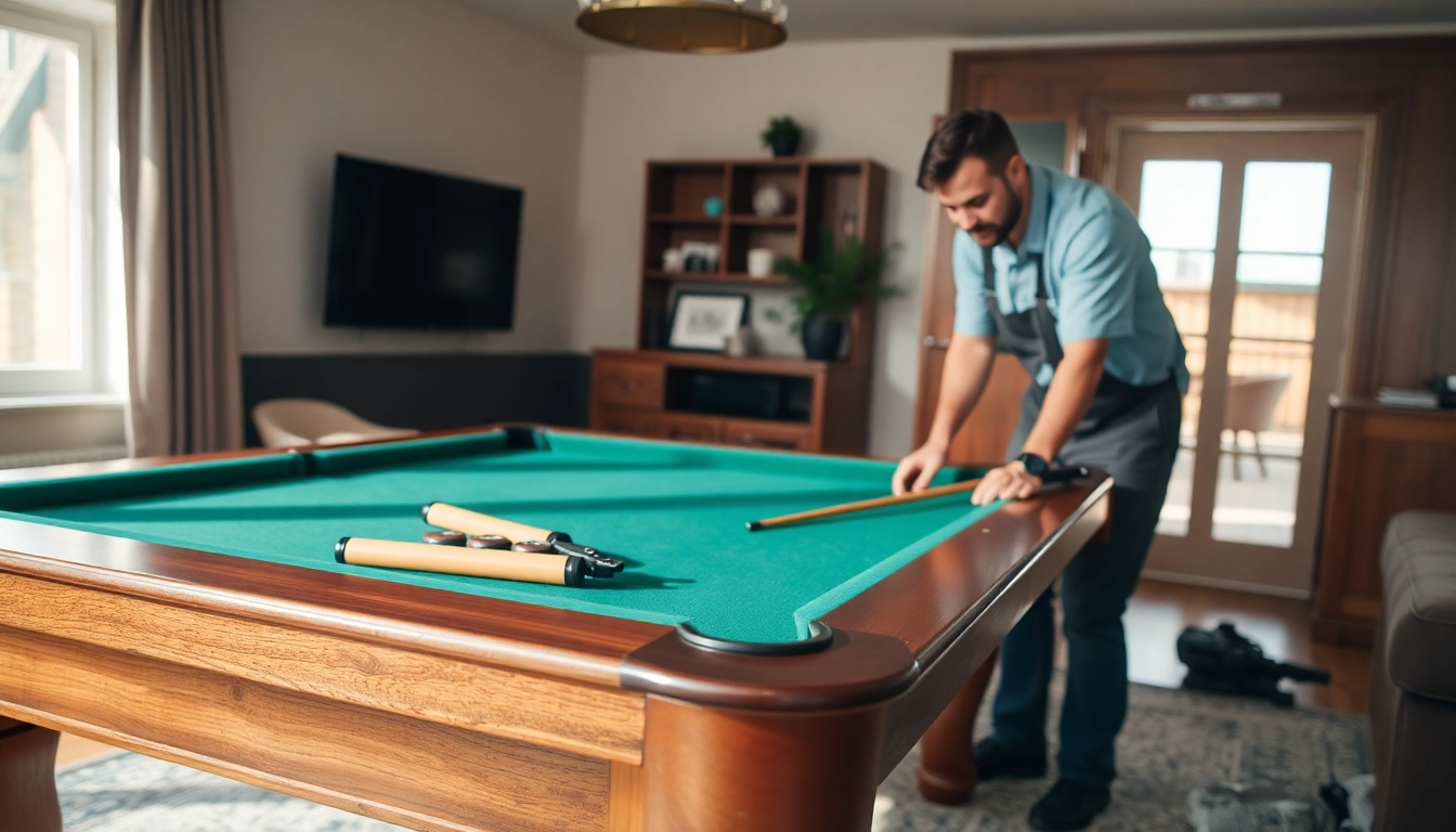 Pool table mover dfw expertly disassembling a slate pool table in a cozy home setting.