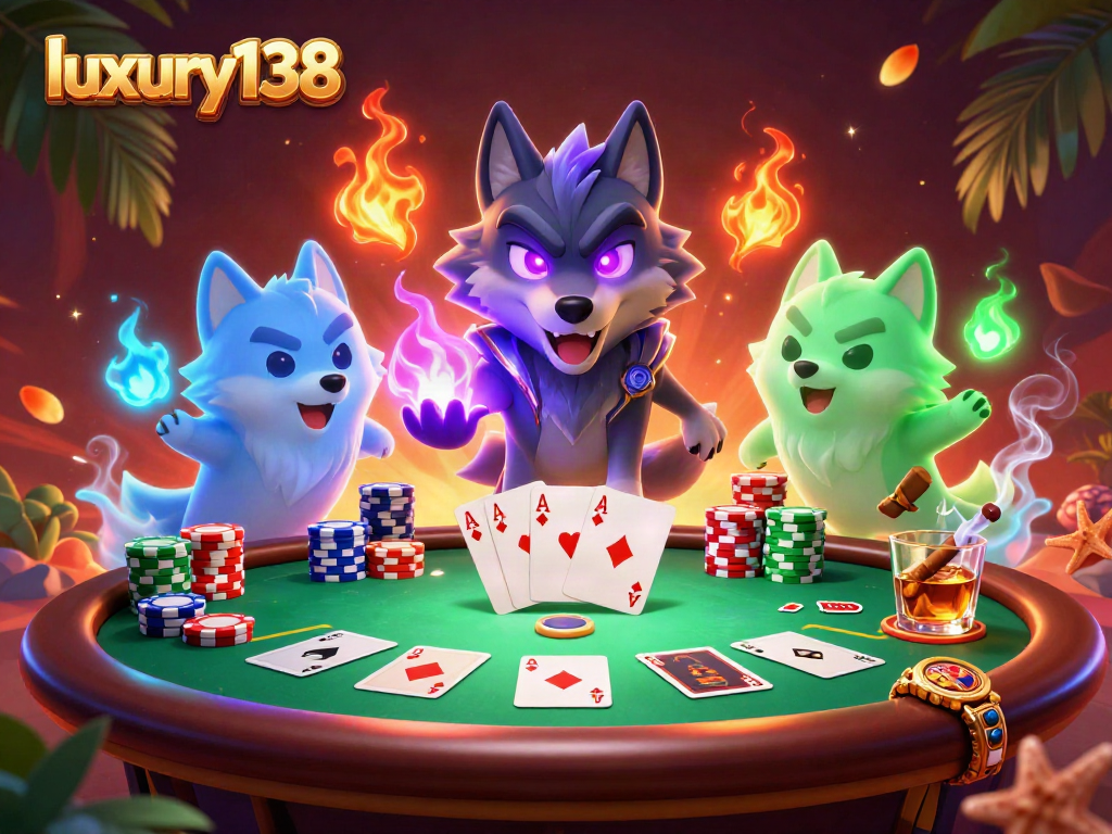 Menangkan permainan poker di luxury138 dengan karakter serigala dan elemen kasino menarik.
