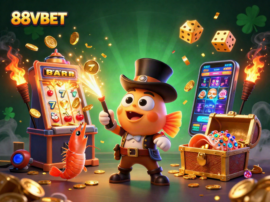 Engage with exciting casino offerings at 88VBET amidst a vibrant 3D illustration of treasure-themed characters.