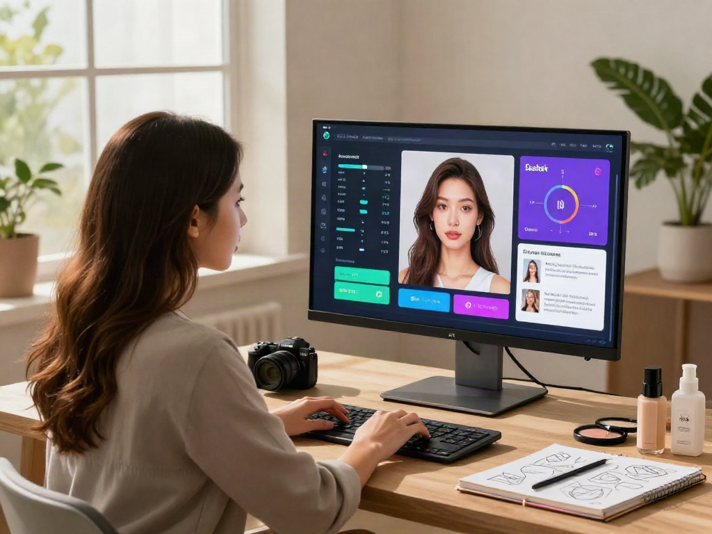 A young woman engaging in an attractive test on a modern monitor, analyzing her beauty score through an AI platform.
