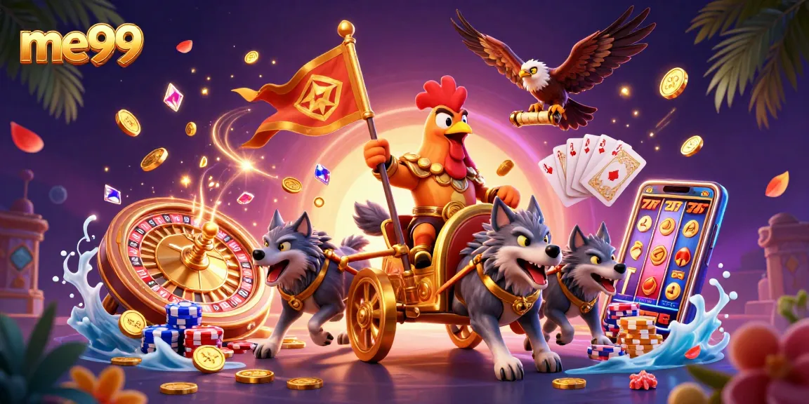 Witness the excitement at me99 with the rooster warlord and golden chariot amidst casino treasures.