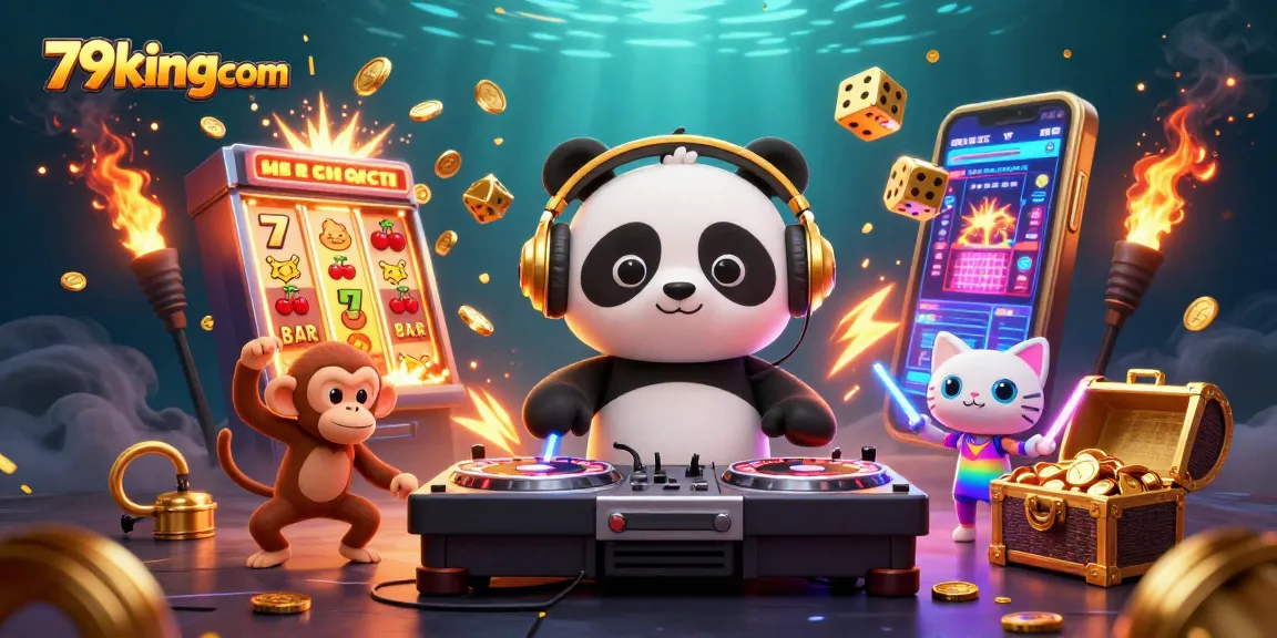 Experience the vibrant atmosphere of 79kingcom with a DJ panda and dancing characters surrounded by colorful casino elements.