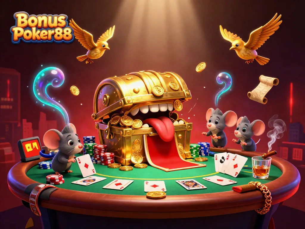 Engage in the excitement of Bonus Poker88 with vibrant 3D treasure-themed illustration featuring dynamic poker elements.