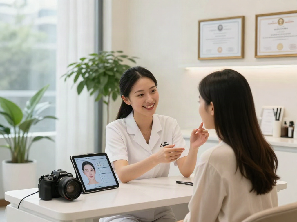 ClinicEvo vs QOVES comparison in a beauty consultation setting with detailed metrics displayed