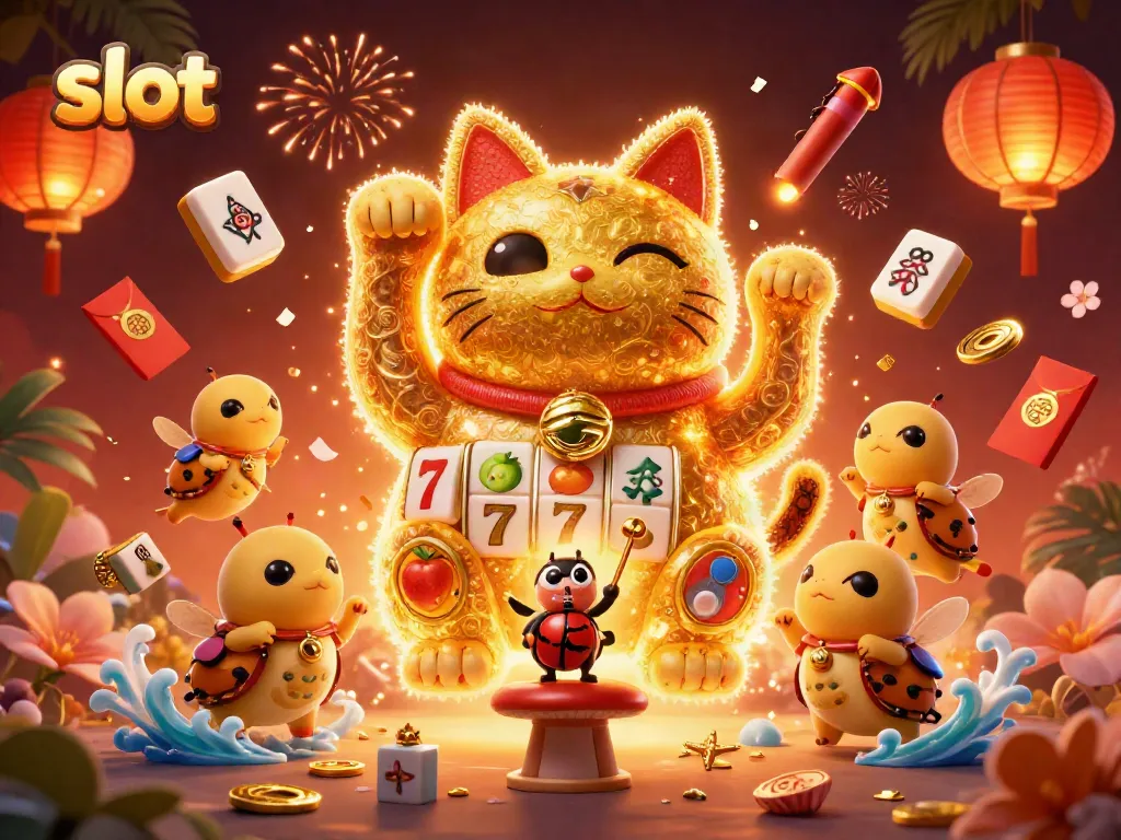 Light up your gaming experience with this vibrant slot-themed illustration featuring a lucky cat and casino symbols.