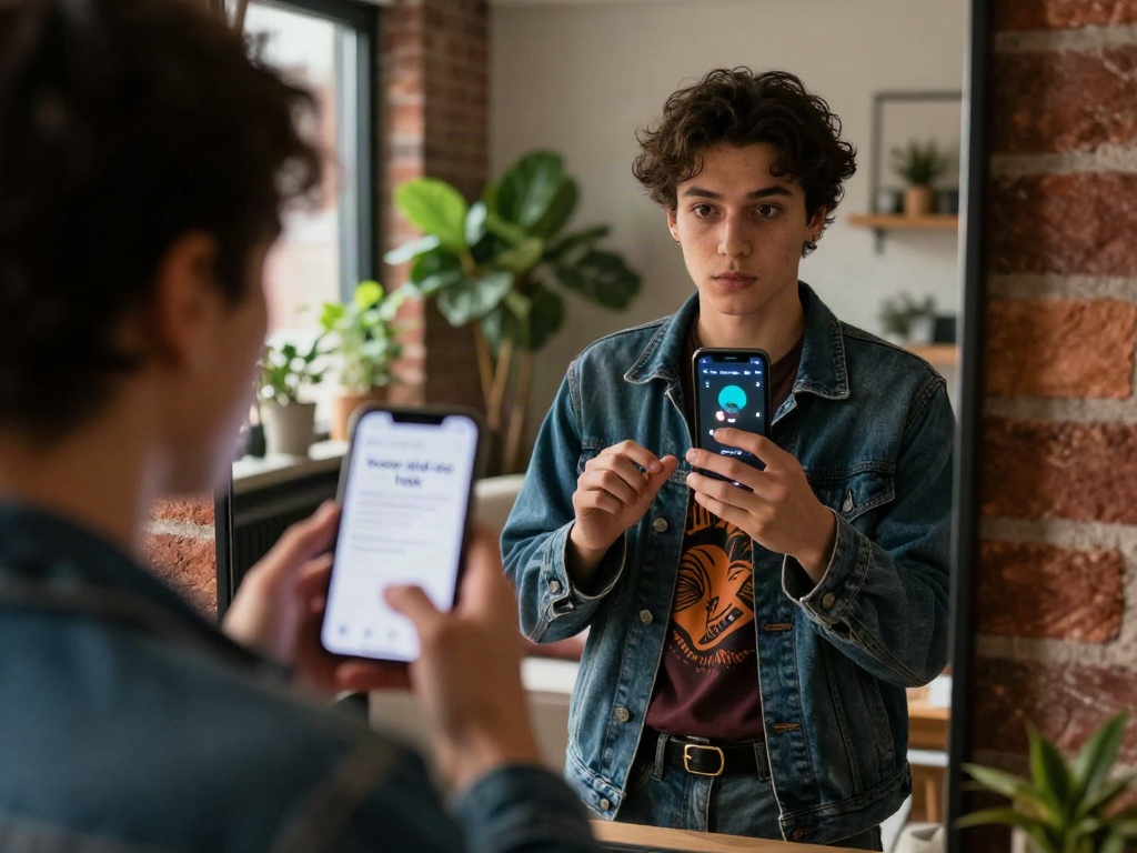 A stylish individual using a facial recognition app to determine how old do I look in a modern urban apartment.