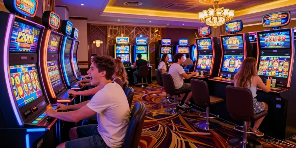 Friends enjoying PG SLOT gaming experience in a lively casino.