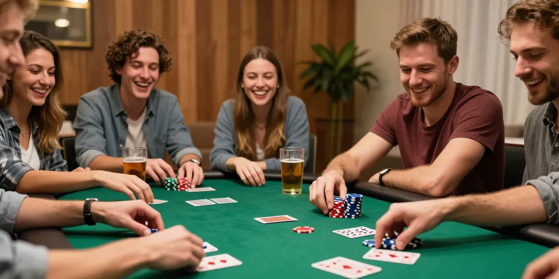 Permainan delapan toto seru di meja poker dengan teman-teman, suasana hangat dan penuh keceriaan.
