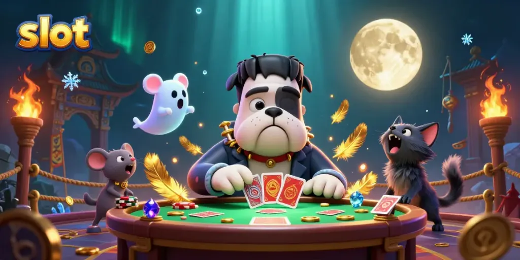 Slot memperlihatkan monster bulldog yang berurusan dengan kartu di meja kasino yang menakutkan.
