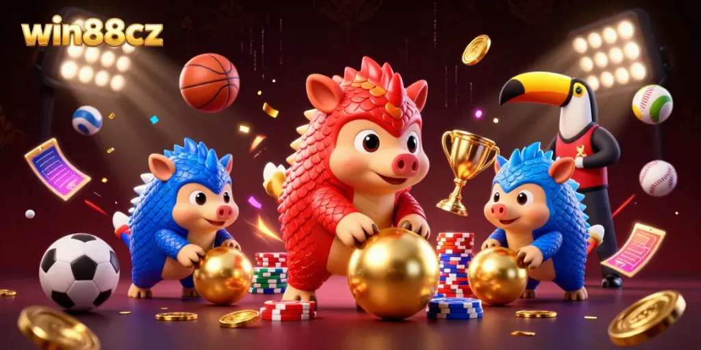 Experience dynamic gameplay with win88cz, featuring cartoon pangolins battling in a vibrant casino setting.