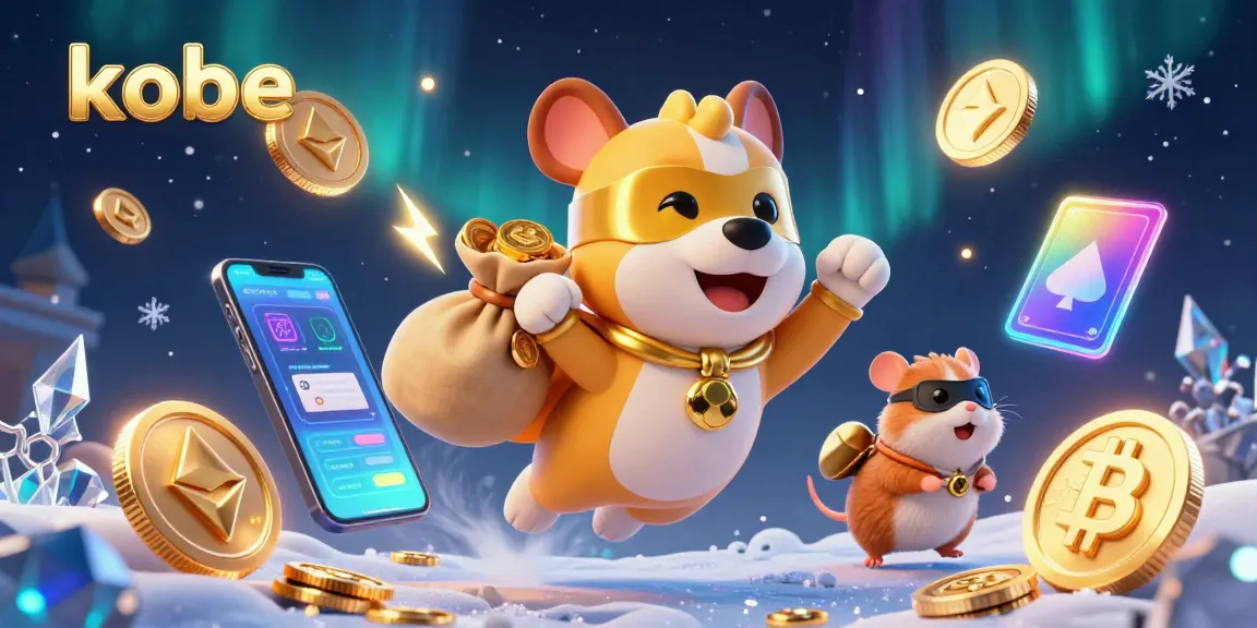 Kobe-themed casino adventure with a superhero dog and hamster in a vibrant crypto scene.