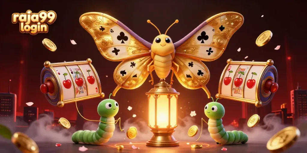 Engage with captivating raja99 login scene featuring golden moth and dynamic gaming elements.