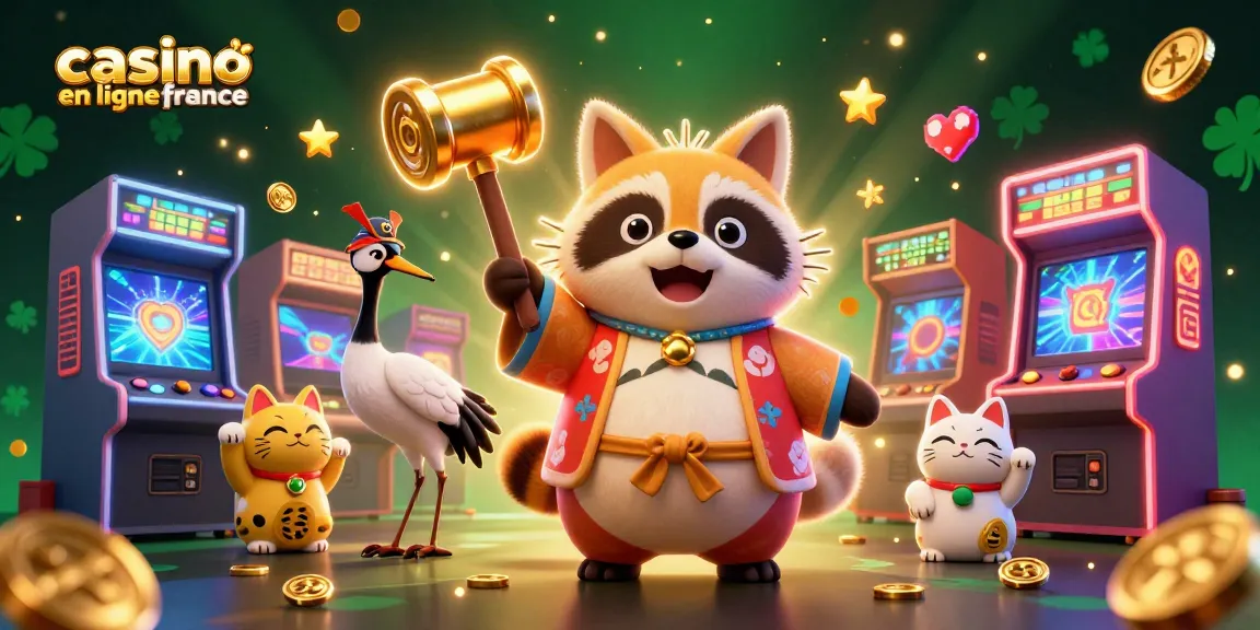 Illustration festive de casino en ligne France avec un tanuki chanceux, des machines à arcade colorées et des maneki-neko.