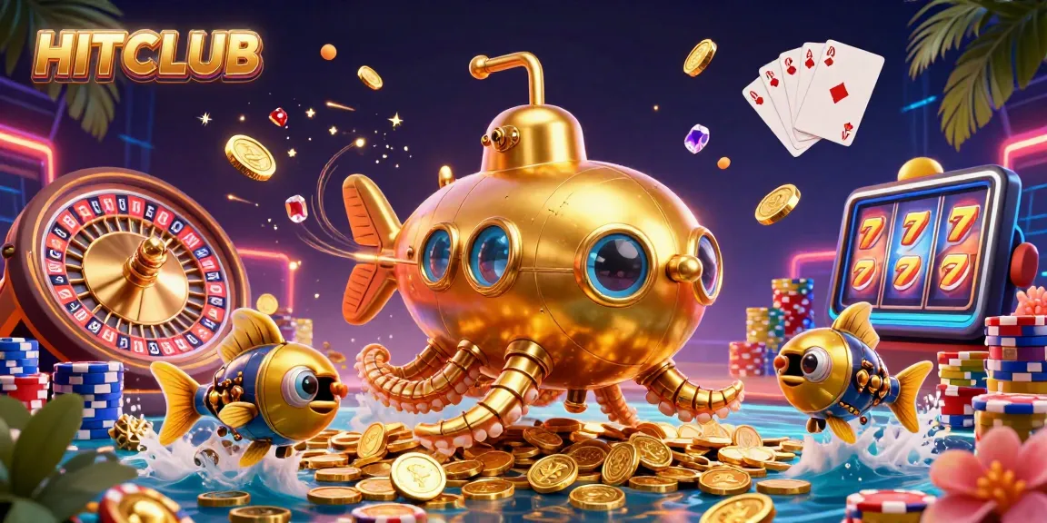 Experience HITCLUB's thrilling atmosphere with a golden kraken submarine surrounded by casino elements.