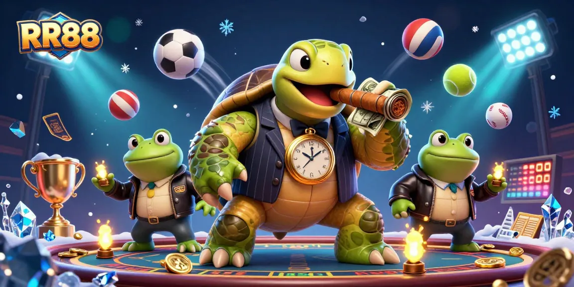 RR88's lively casino scene with a snapping turtle and bullfrog enforcers celebrating big wins amidst gaming elements.