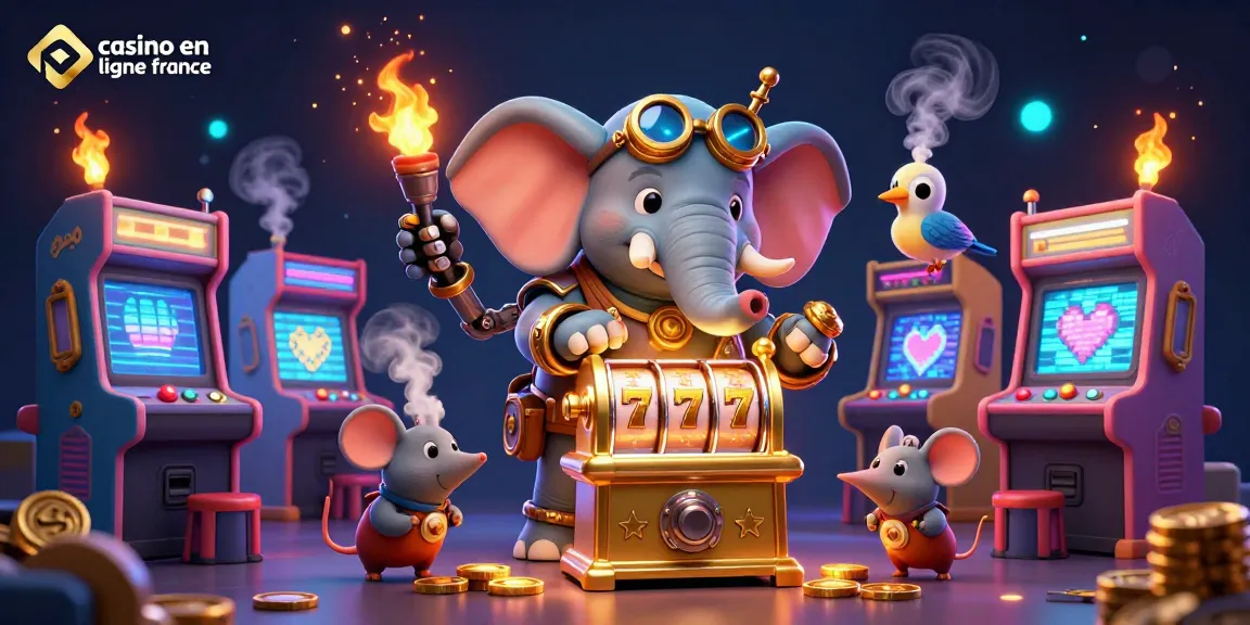 Une illustration 3D animée du casino en ligne France montrant un éléphant steampunk jouant à une machine à sous dorée, entouré de jeux colorés.