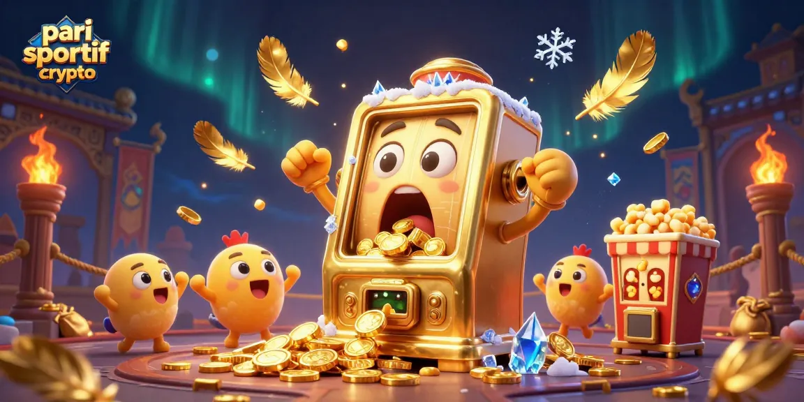 Pari sportif crypto : machine à sous en or célébrant un jackpot avec des pièces d'or, créant une ambiance festive.