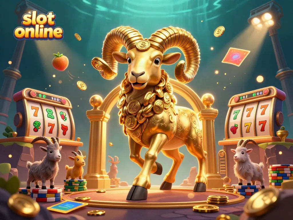 Experience engaging slot online gameplay with a dynamic scene of a golden ram charging at jackpots and reels.