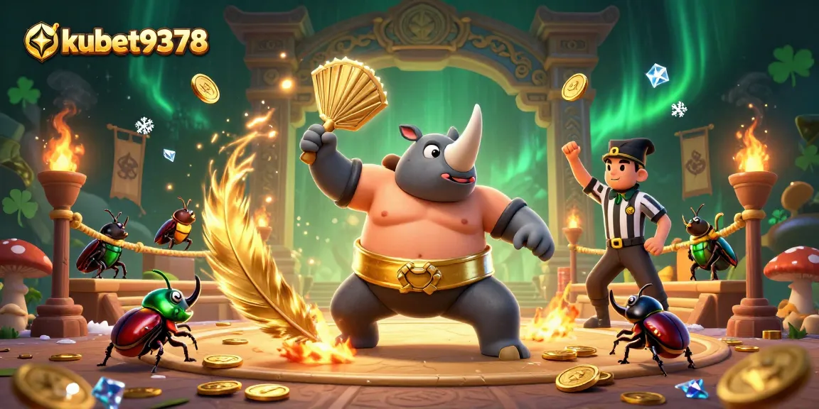 Engage with kubet9378's thrilling betting action featuring cartoon beetle champions surrounded by vibrant casino elements.