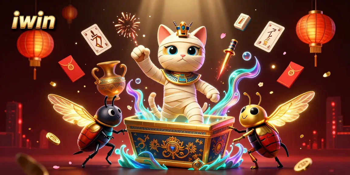 iwin showcases an Egyptian mummy cat bursting from a sarcophagus, set in a vibrant casino scene.