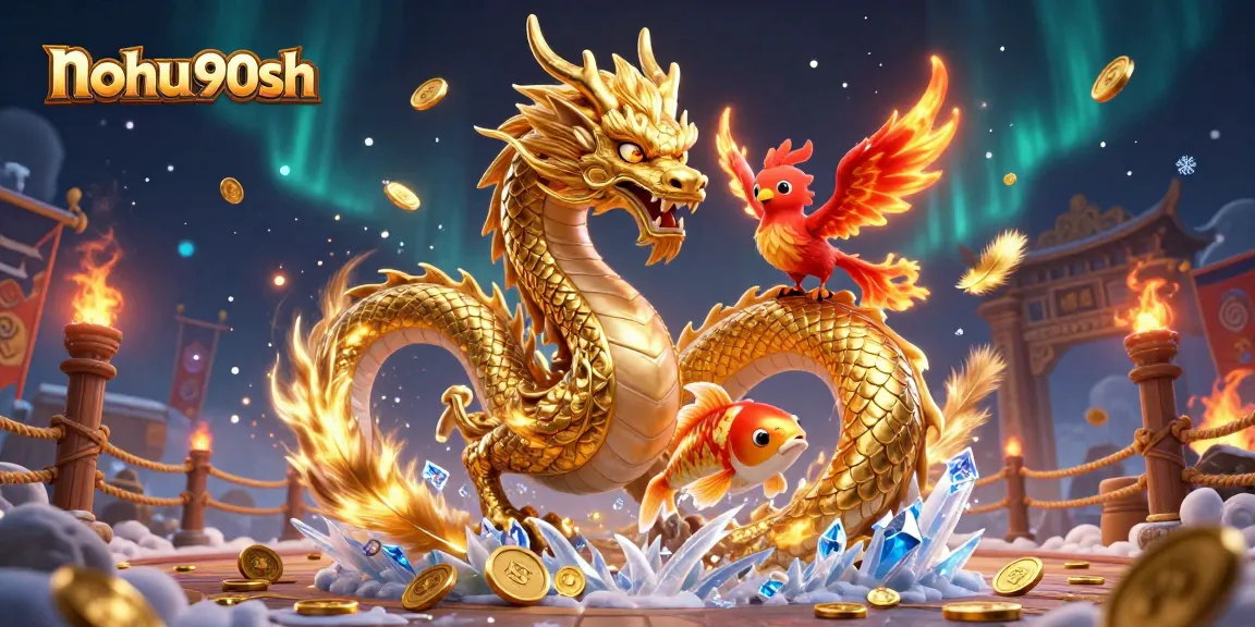 Nohu90sh showcases a vibrant casino scene with a golden dragon, phoenix, and koi fish, emphasizing dynamic gambling excitement.