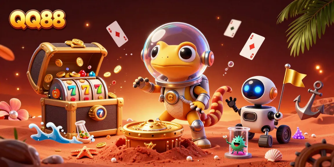 Join the excitement at QQ88 with a Martian gecko uncovering a golden casino amid colorful slots and treasures.