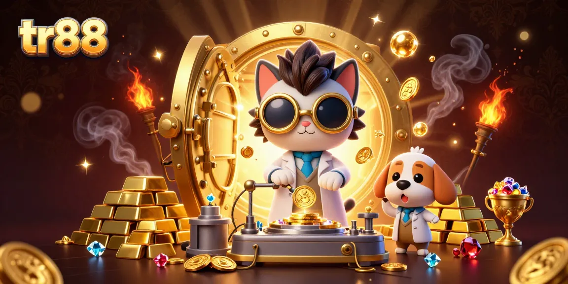 tr88 showcases a vibrant casino scene featuring a mad scientist cat and assistant amidst golden treasures.